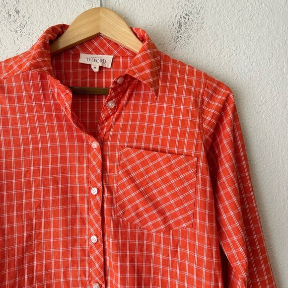 NWOT KEMI TELFORD Knit Orange Plaid Button-Down Shirt - Picture 2 of 9